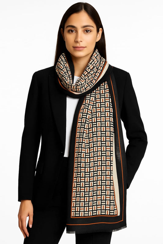 Printed Viscose Wool Hijab - Black Brown Maze