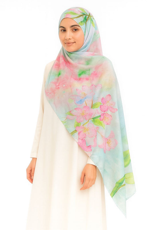 Large Satin Silk Scarf - Minty Pink Abstract Floral