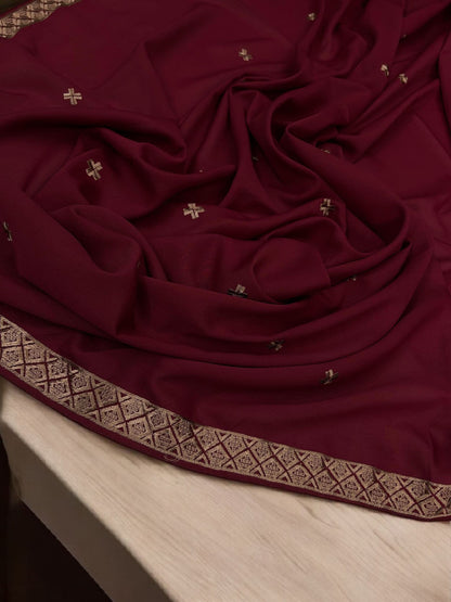 Maroon Peach Double Curved Border Embroidered Shaal