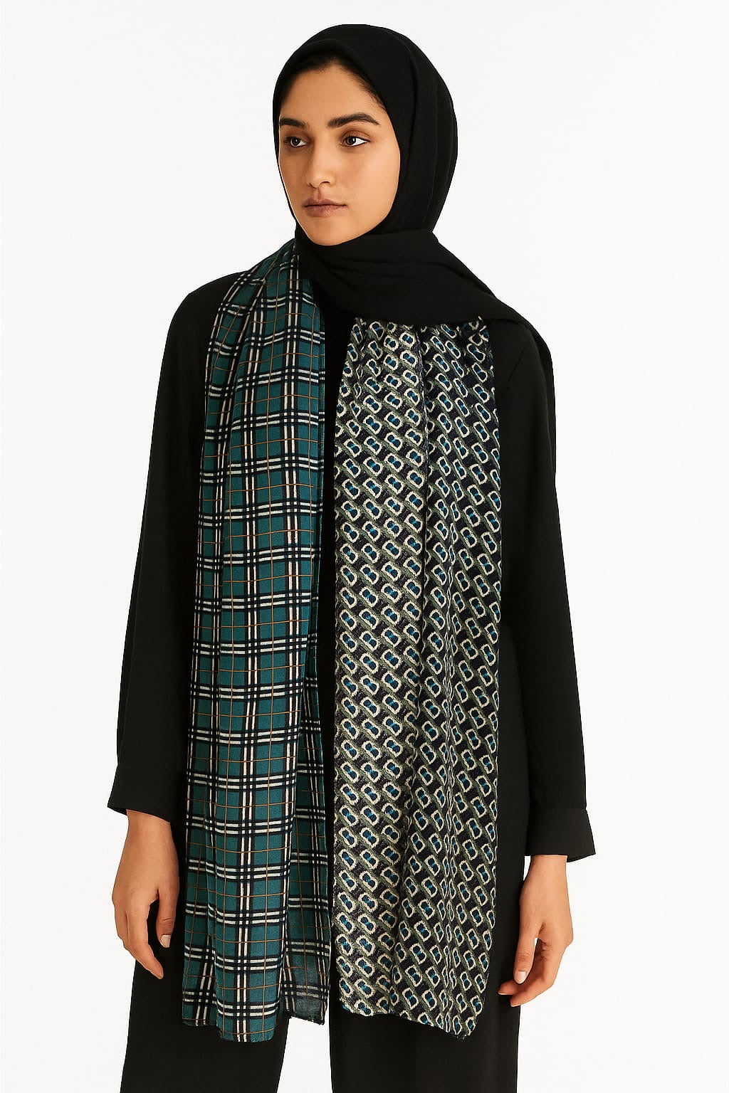 Printed Viscose Wool Hijab - Green Geometric