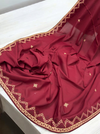 Red Cream Curved Threadwork Embroidered Border Shaal