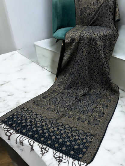Navy Blue Beige Dotted Two-tone Paisley Pashmina Hijab