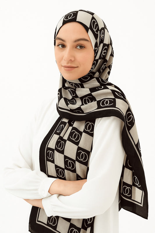 Branded Khaki Black Chanel Printed Modal Hijab