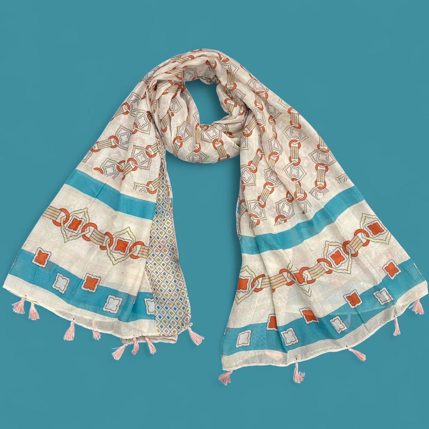 Cream Rust Chains Printed Lawn Tassel Hijab