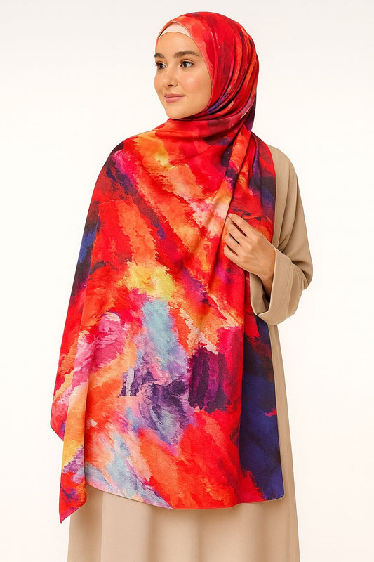 Large Satin Silk Scarf - Flaming Orange Splash