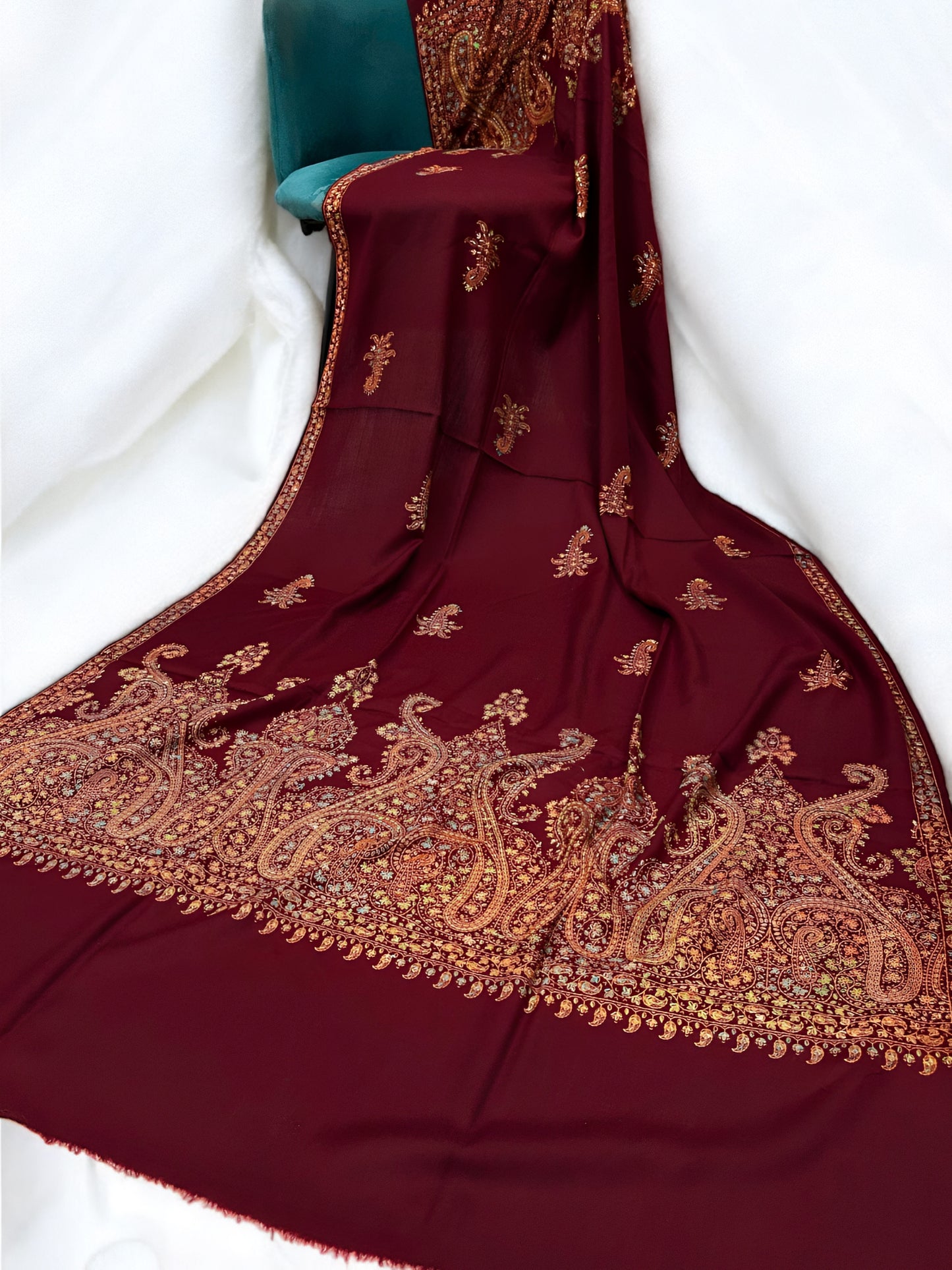 Maroon Gold - Hand Embroidered Paisley Kashmiri Shawl