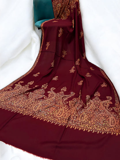 Maroon Gold - Hand Embroidered Paisley Kashmiri Shawl