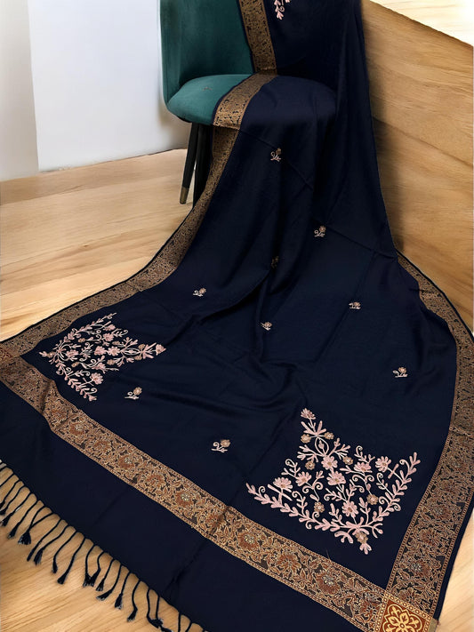 Navy Rust Border Embroidered Pink Floral Pashmina Shawl