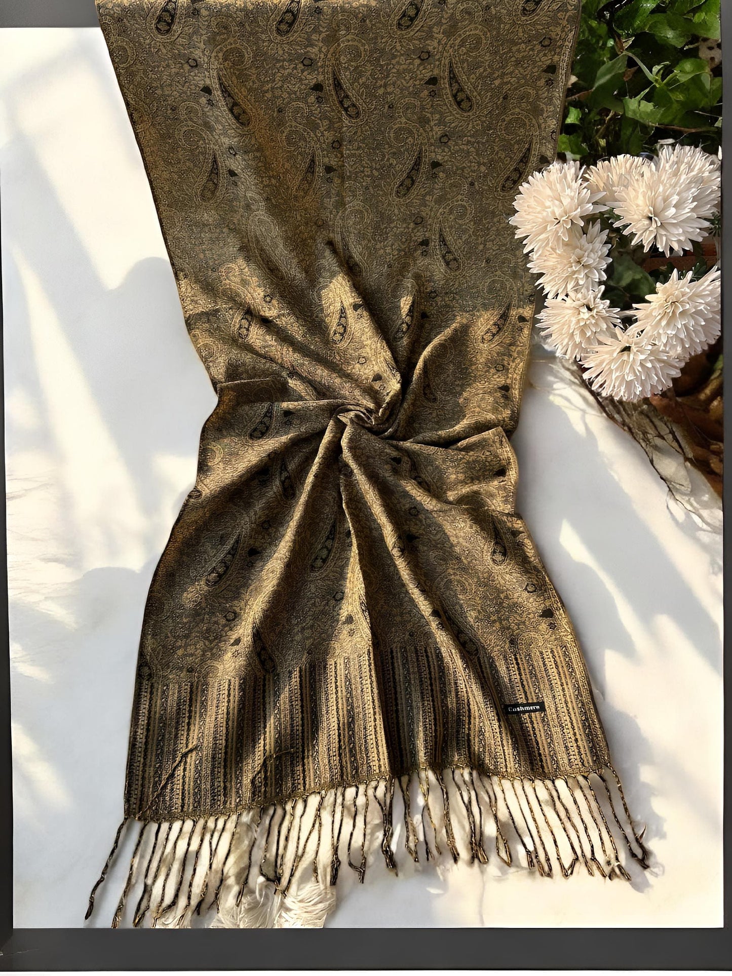 Beige Brown Paisley Pashmina Hijab Shaal