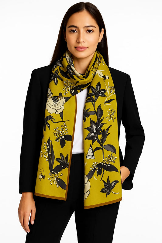 Printed Viscose Wool Hijab - Warm Olive Floral