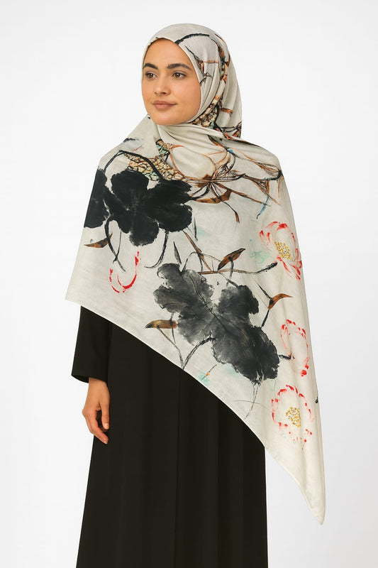 Large Satin Silk Scarf - White Black Shadow
