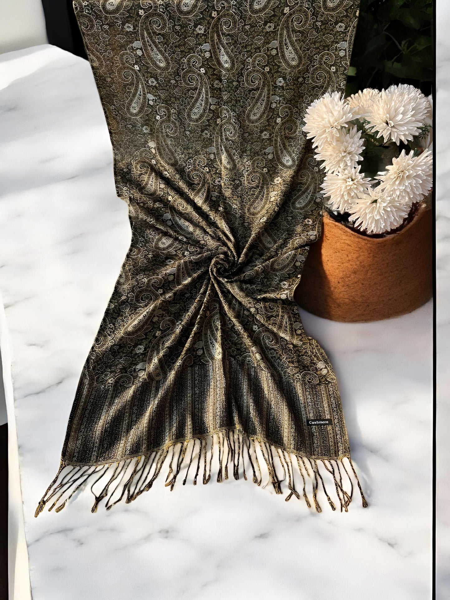 Blackish White Paisley Pashmina Hijab Shaal