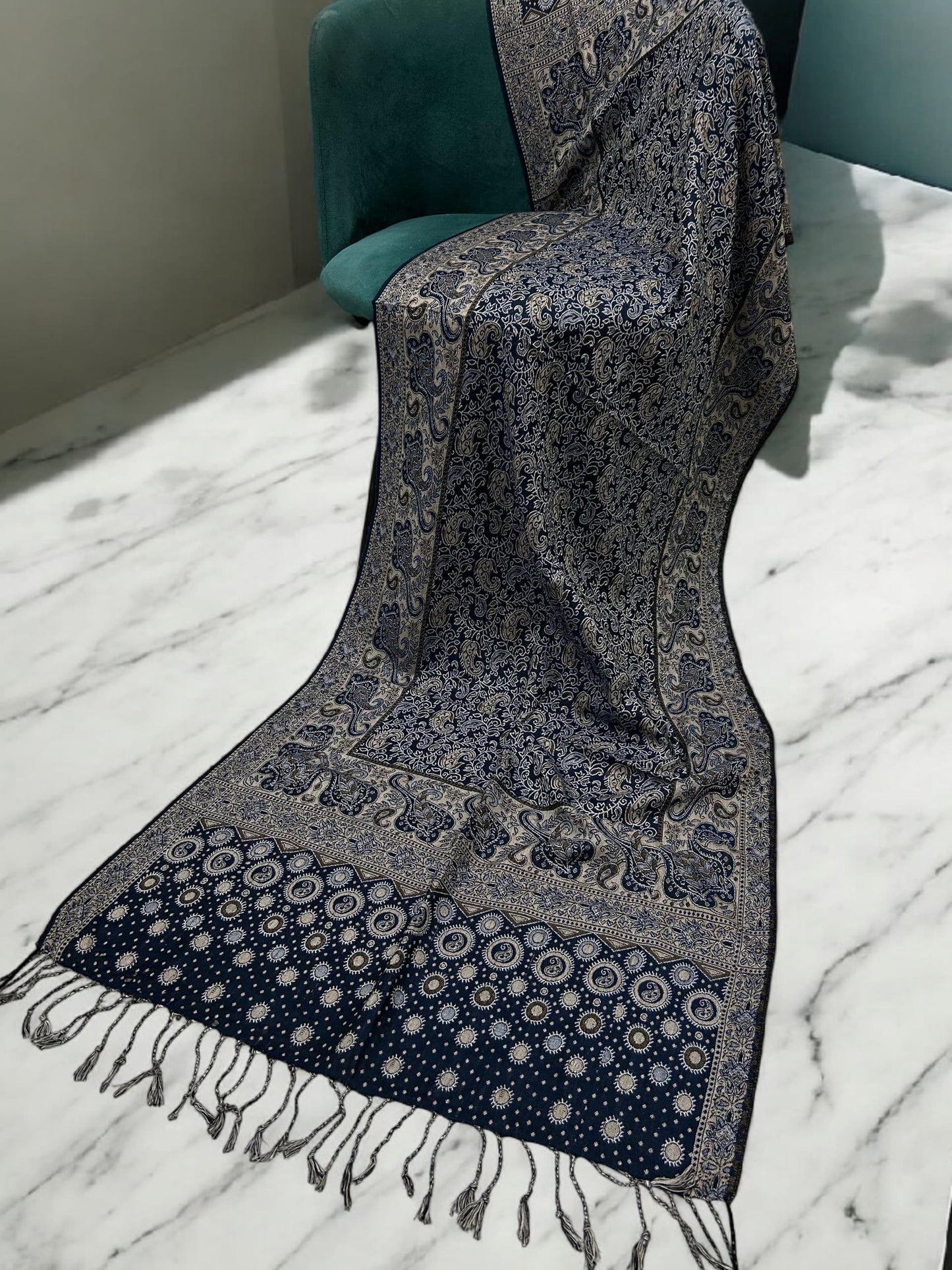 Midnight Blue Fawn Dotted Two-tone Paisley Pashmina Hijab