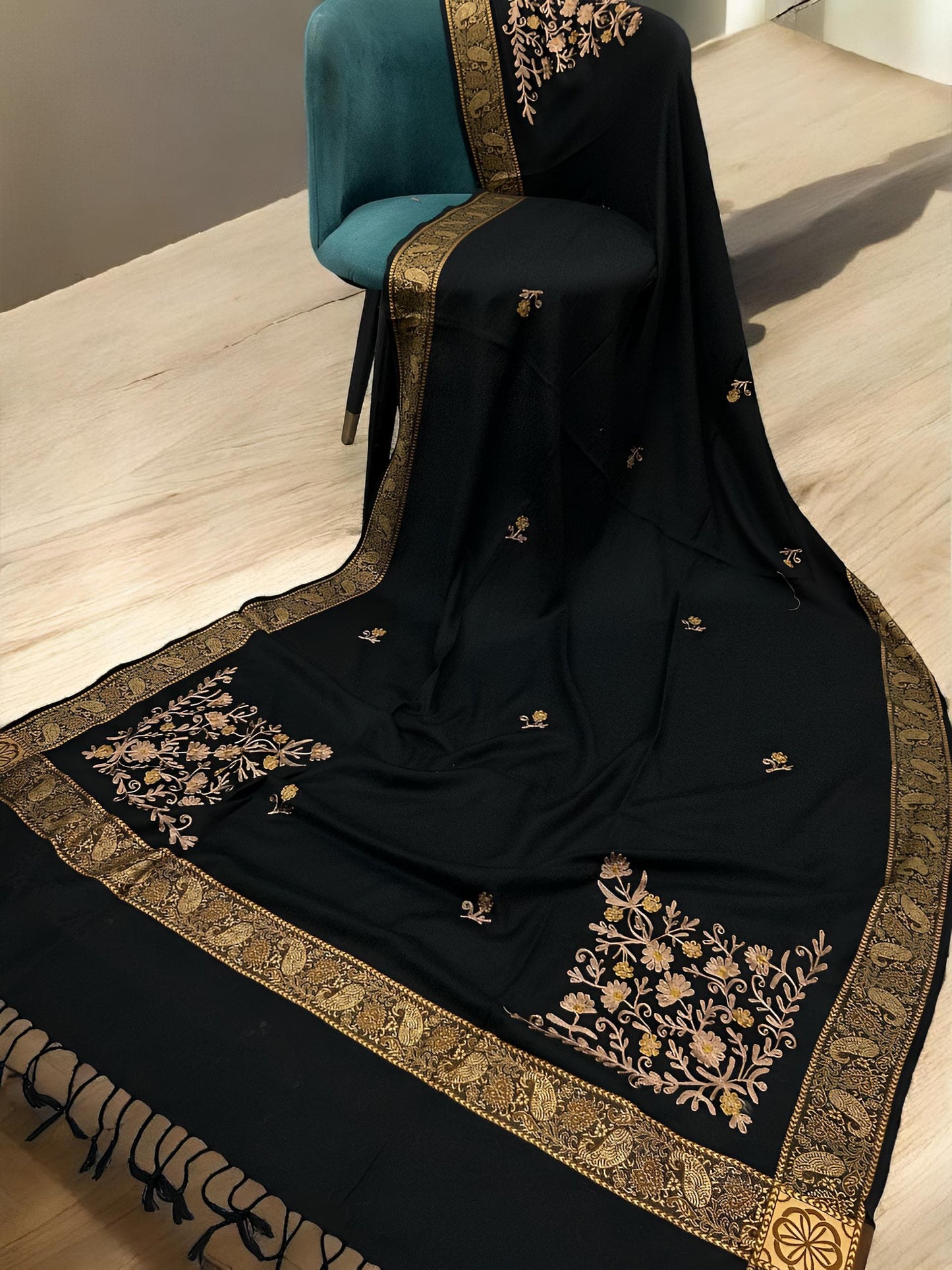 Black Gold Border Embroidered Blush Floral Shawl