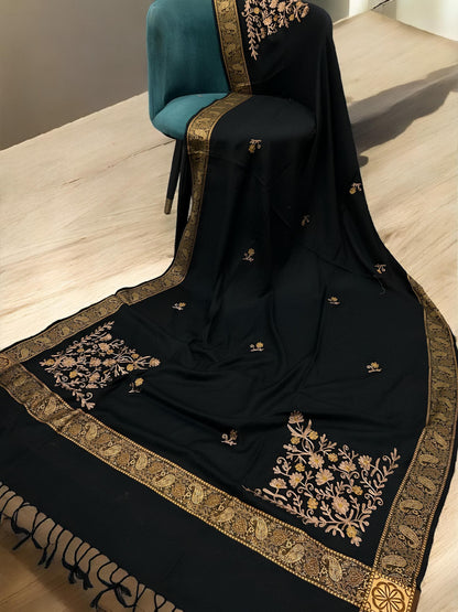 Black Gold Border Embroidered Blush Floral Shawl