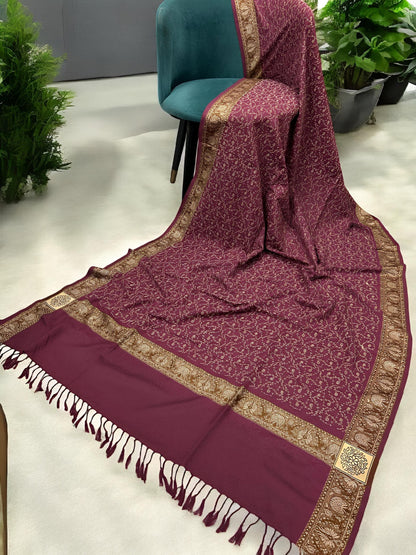 Magenta Gold Threadwork Hand Embroidered Pashmina Shawl