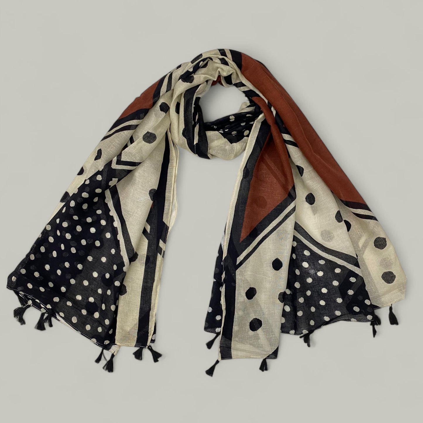 Beige Black Polka Printed Lawn Tassel Hijab