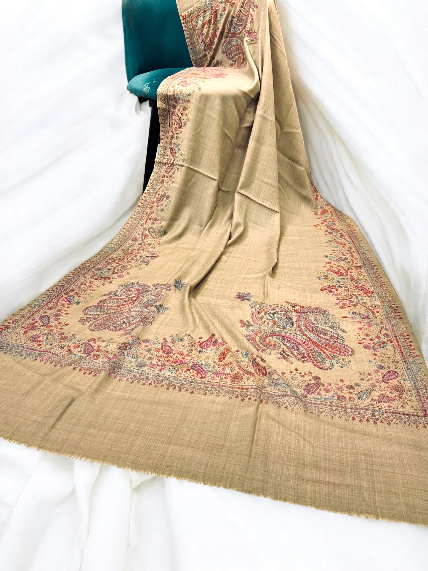 Light Brown Multi - Hand Embroidered Paisley Kashmiri Shawl