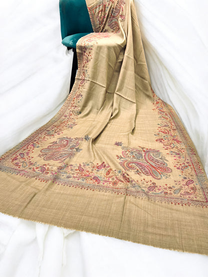 Light Brown Multi - Hand Embroidered Paisley Kashmiri Shawl