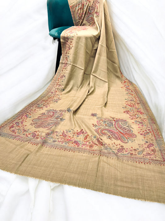 Light Brown Multi - Hand Embroidered Paisley Kashmiri Shawl