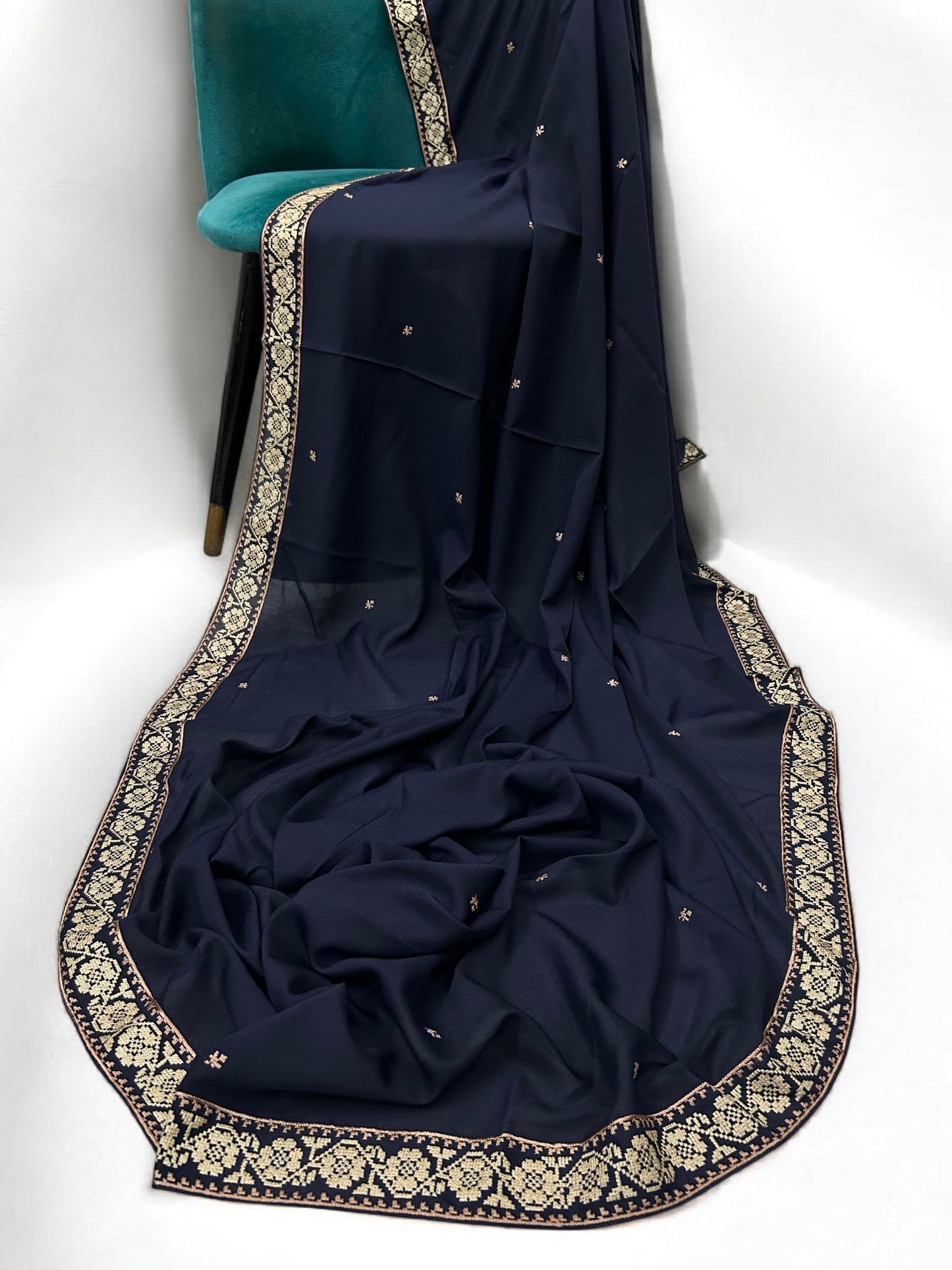Navy Blue Double Flowers Embroidered Shaal