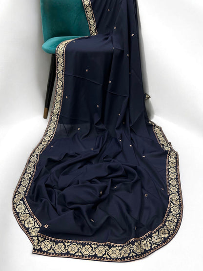 Navy Blue Double Flowers Embroidered Shaal
