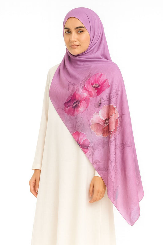 Large Satin Silk Scarf - Lavender Dreamy Floral