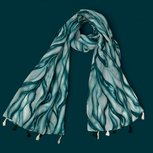 Teal Blue Waves Printed Modal Hijab