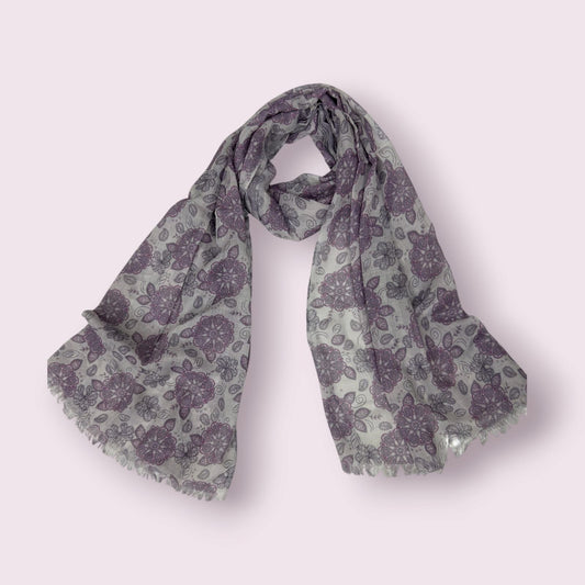 Grey Lilac Floral Printed Lawn Hijab