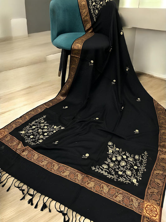 Black Chocolate Border Embroidered Silver Floral Pashmina Shawl