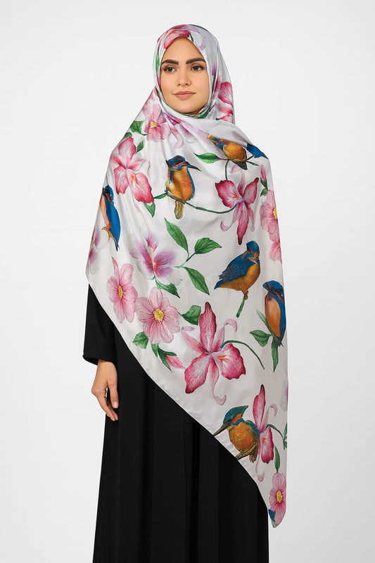 Large Satin Silk Scarf - White Daphne Pink Floral
