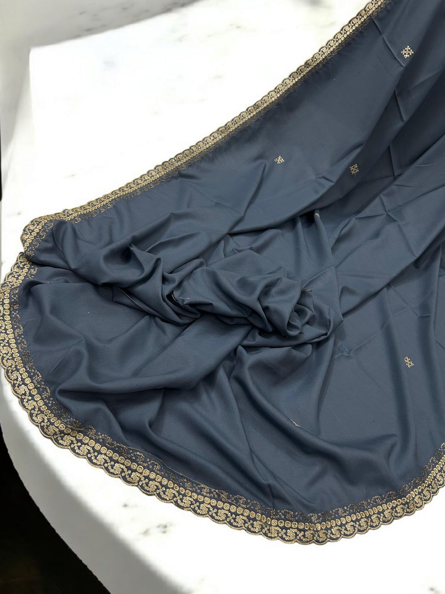 Egyptian Blue Cream Cutwork Border Shaal