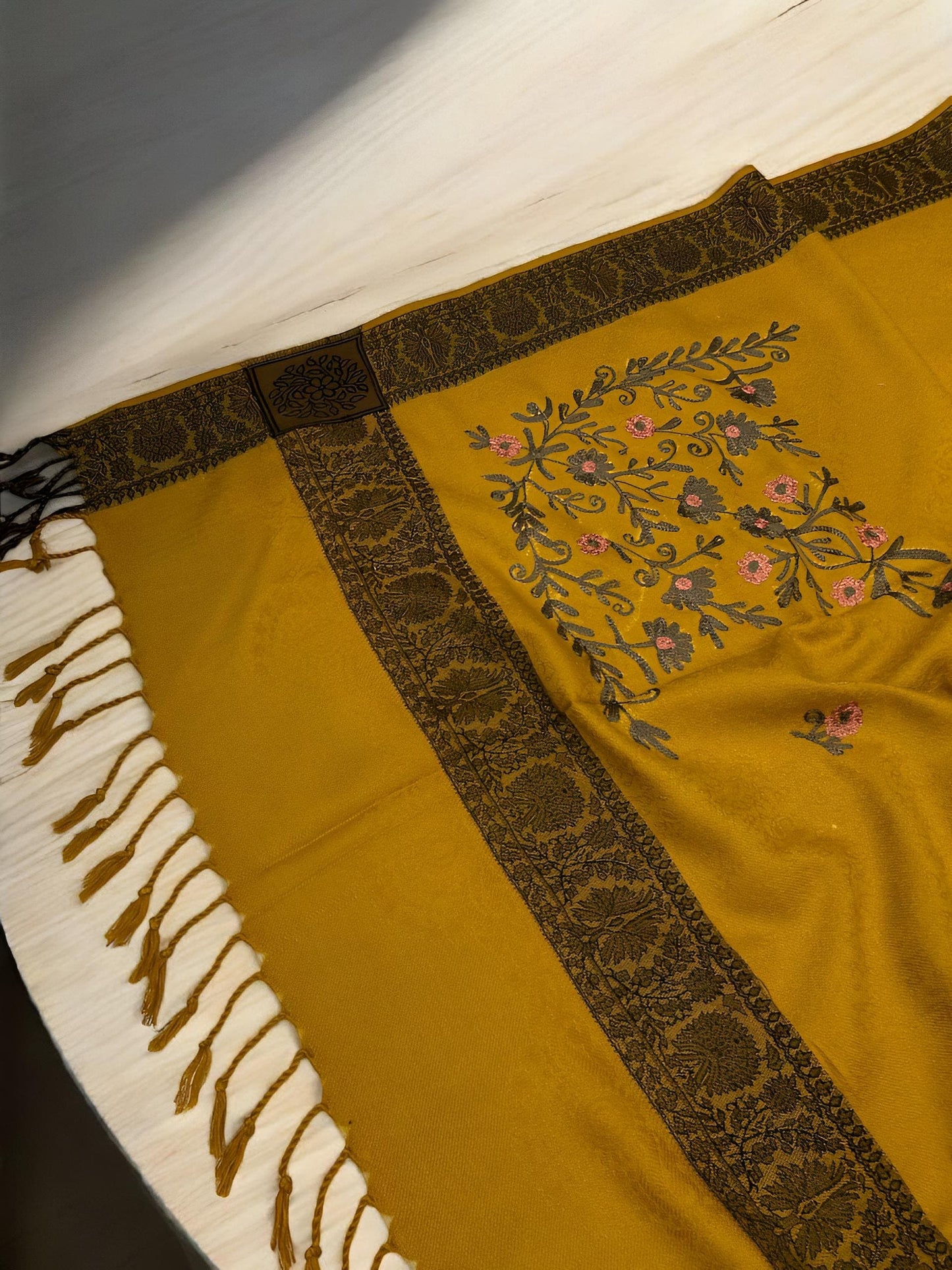 Mustard Brown Border Embroidered Olive Floral Shawl