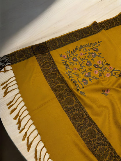 Mustard Brown Border Embroidered Olive Floral Shawl