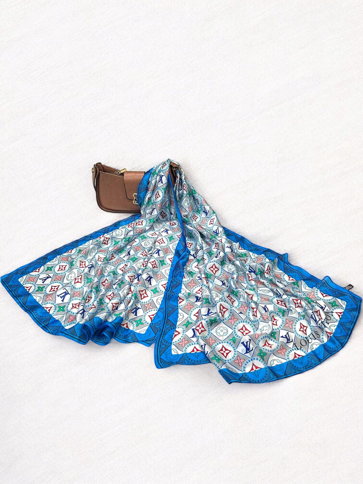 Large Satin Silk Scarf - White Blue Multi LV