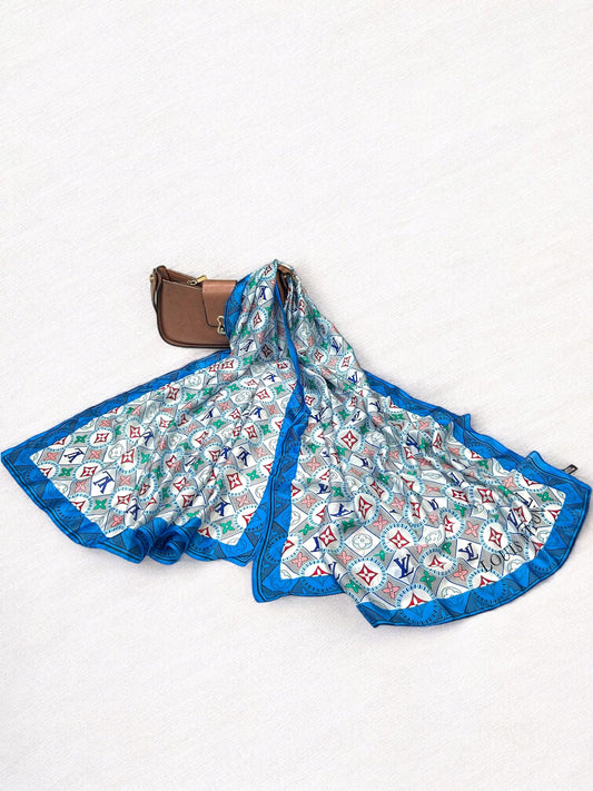 Large Satin Silk Scarf - White Blue Multi LV