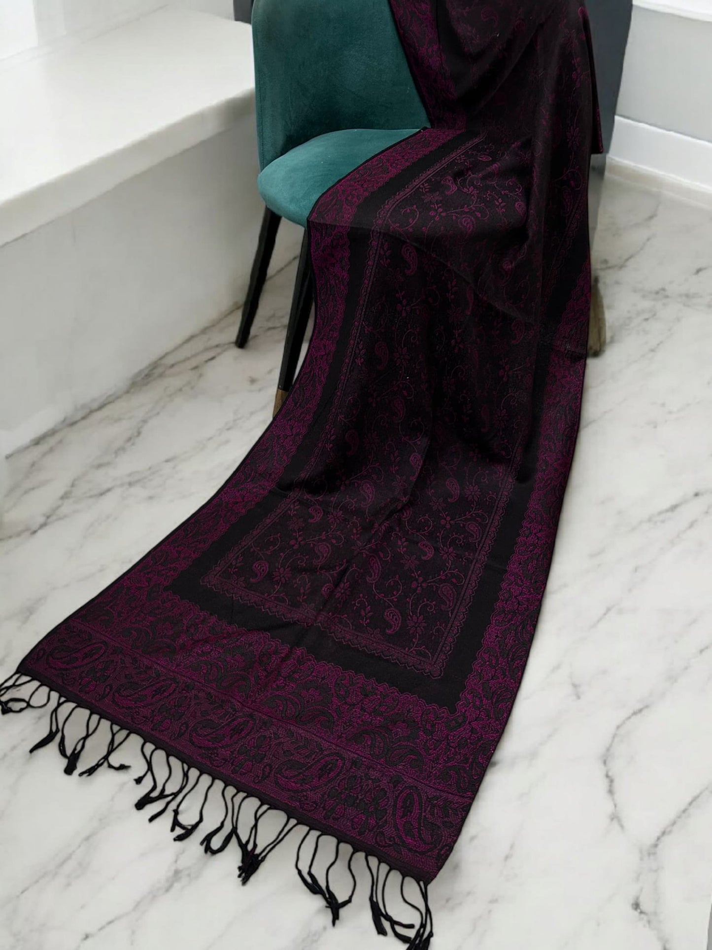 Black Fuchsia Pink Two-tone Paisley Pashmina Hijab