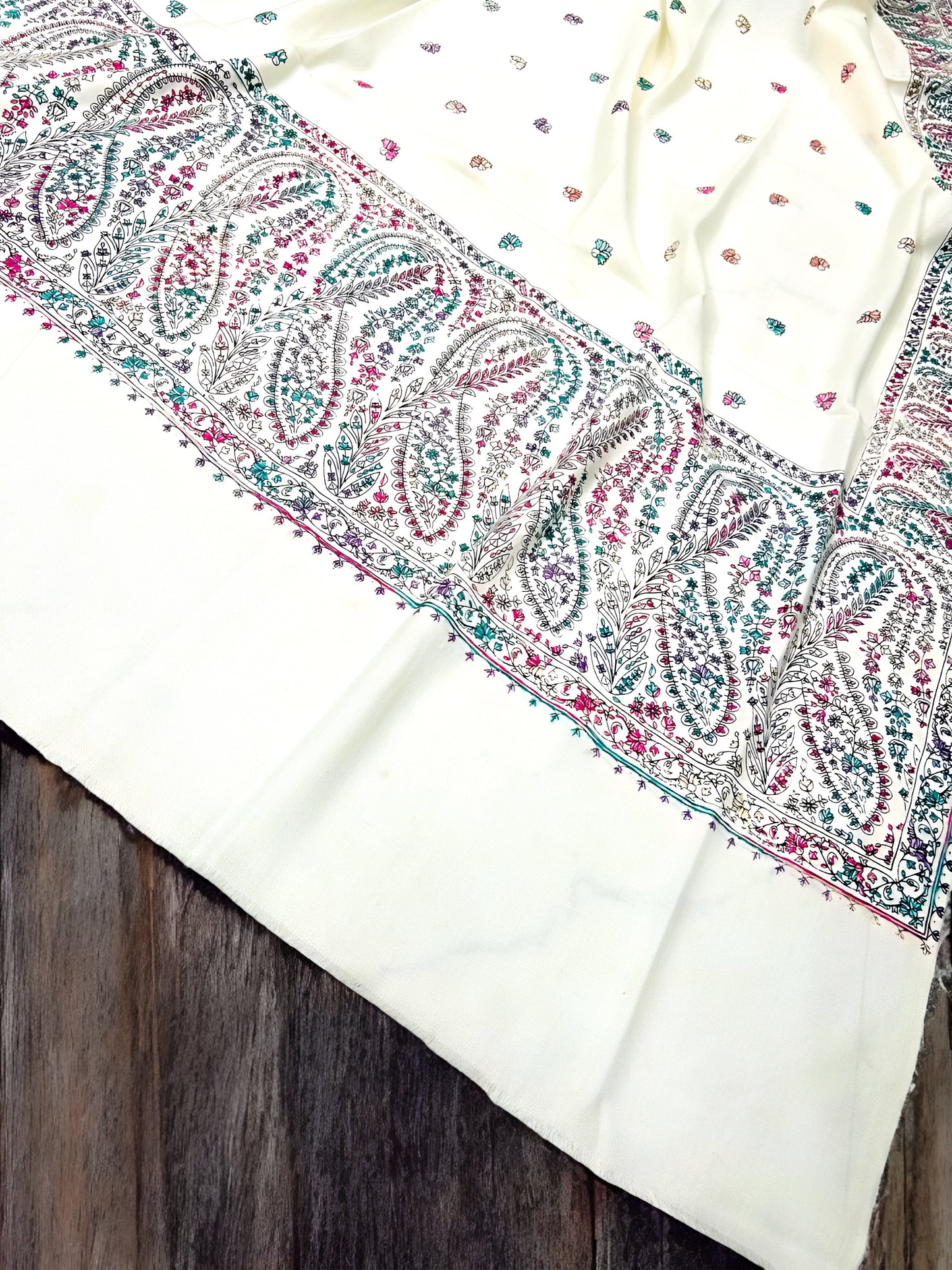 White Magenta Teal - Hand Embroidered Paisley Kashmiri Shawl