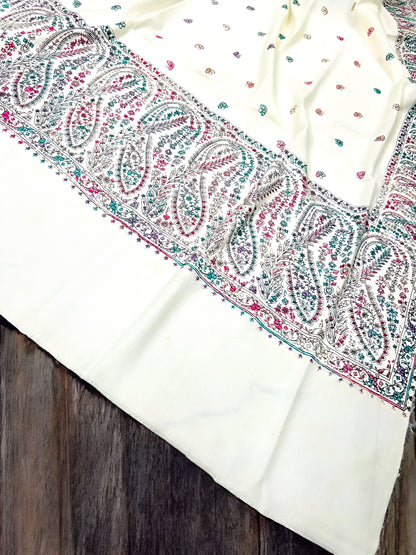 White Magenta Teal - Hand Embroidered Paisley Kashmiri Shawl
