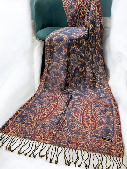 Indigo Blue Peach Persian Garden Paisley Two-Tone Pashmina Hijab