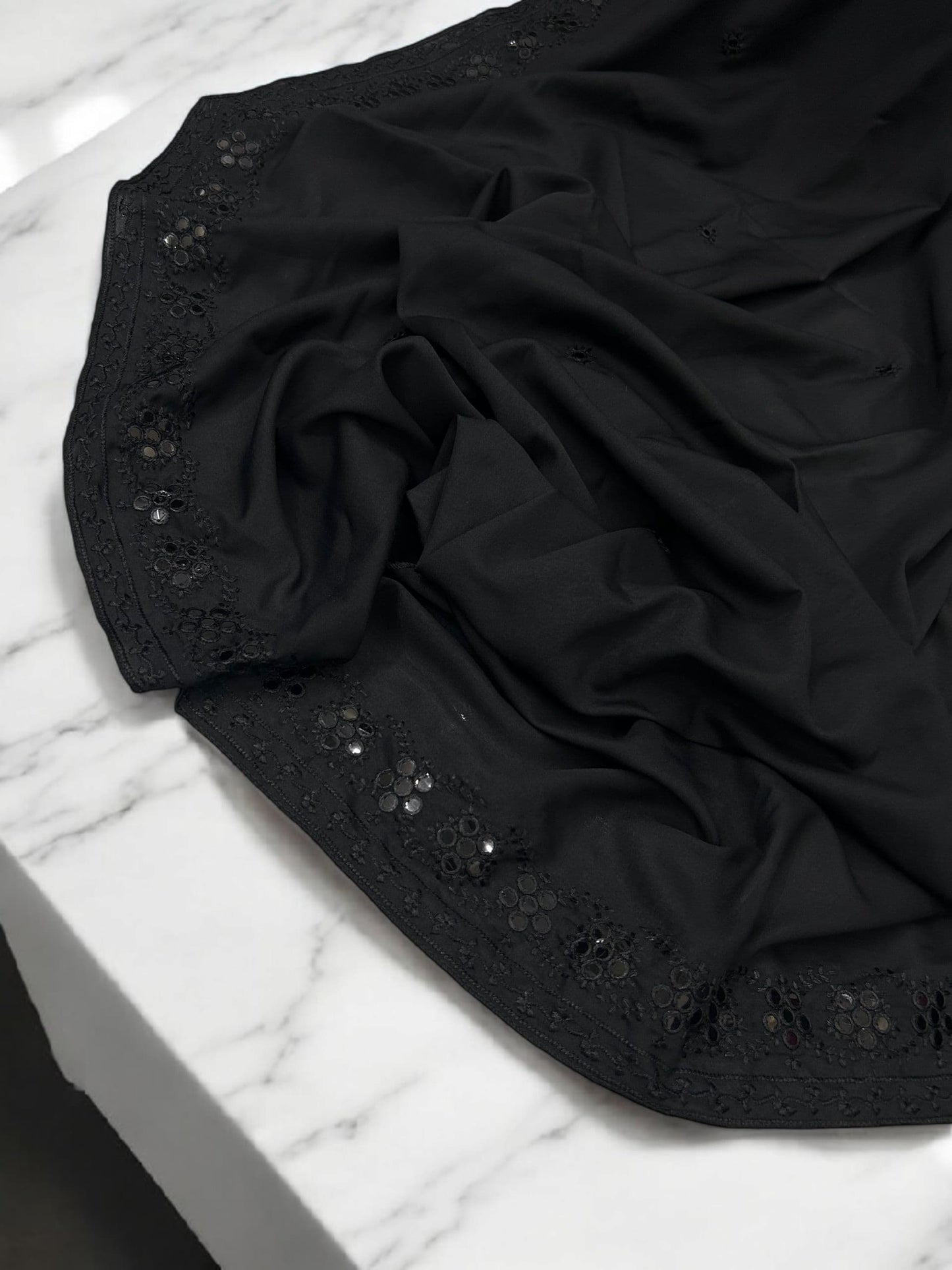 Pure Black Mirrorwork Embroidered Border Shaal