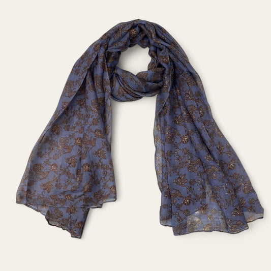 Indigo Blue Brown Floral Printed Lawn Hijab