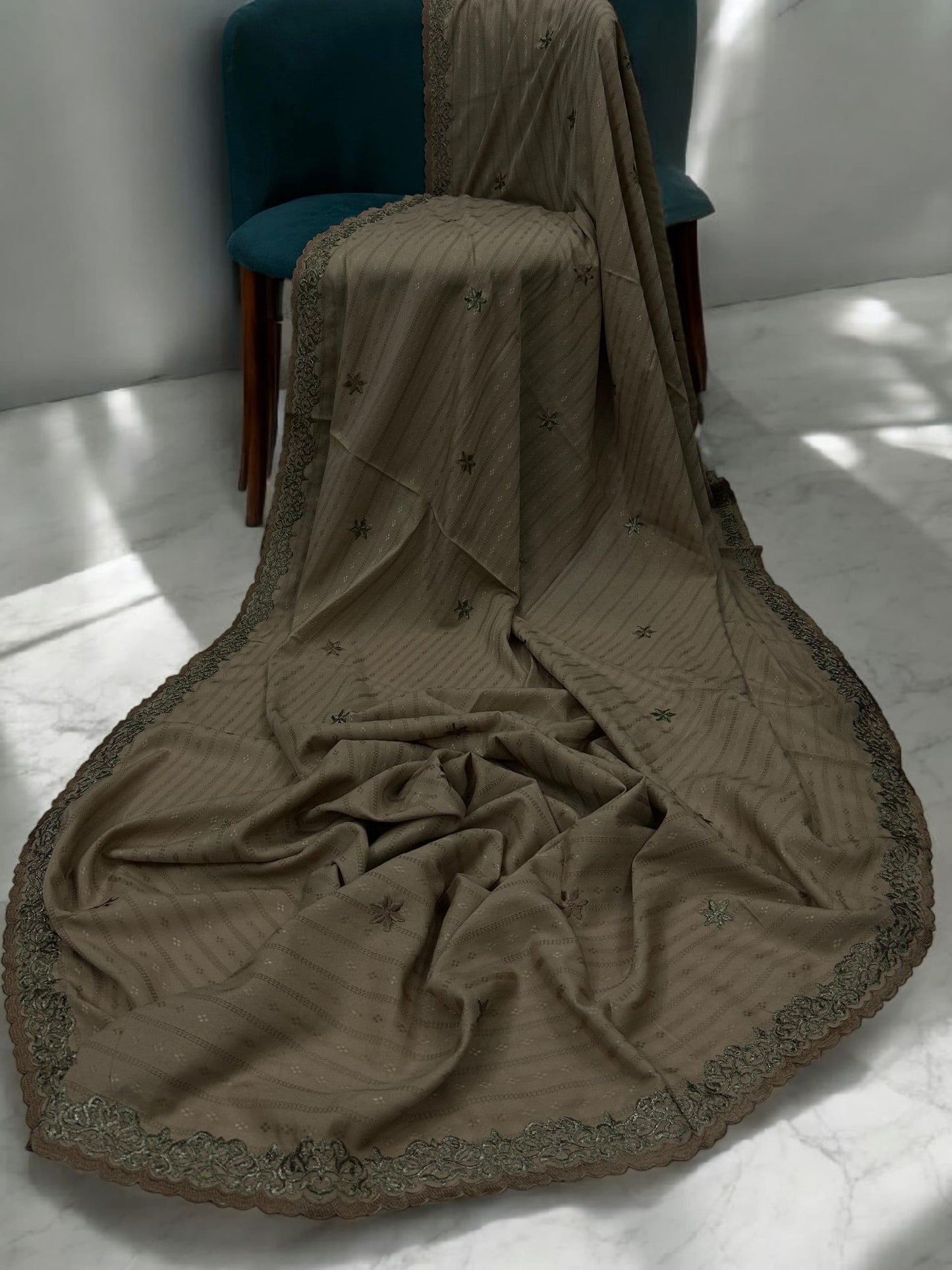 Beige Brown Honeycomb Fancy Embroidered Shaal