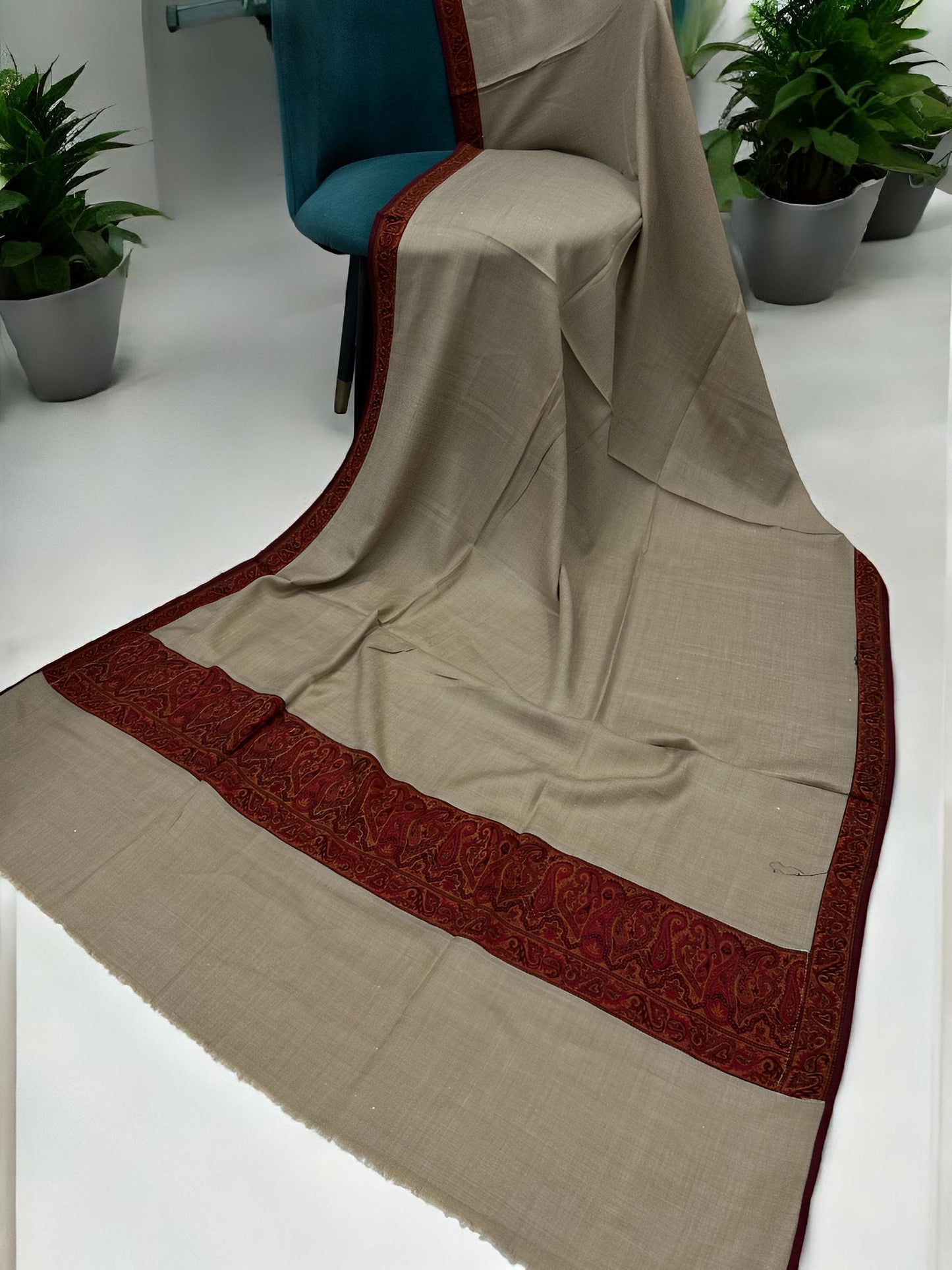 Beige Maroon Patchwork Border Shawl