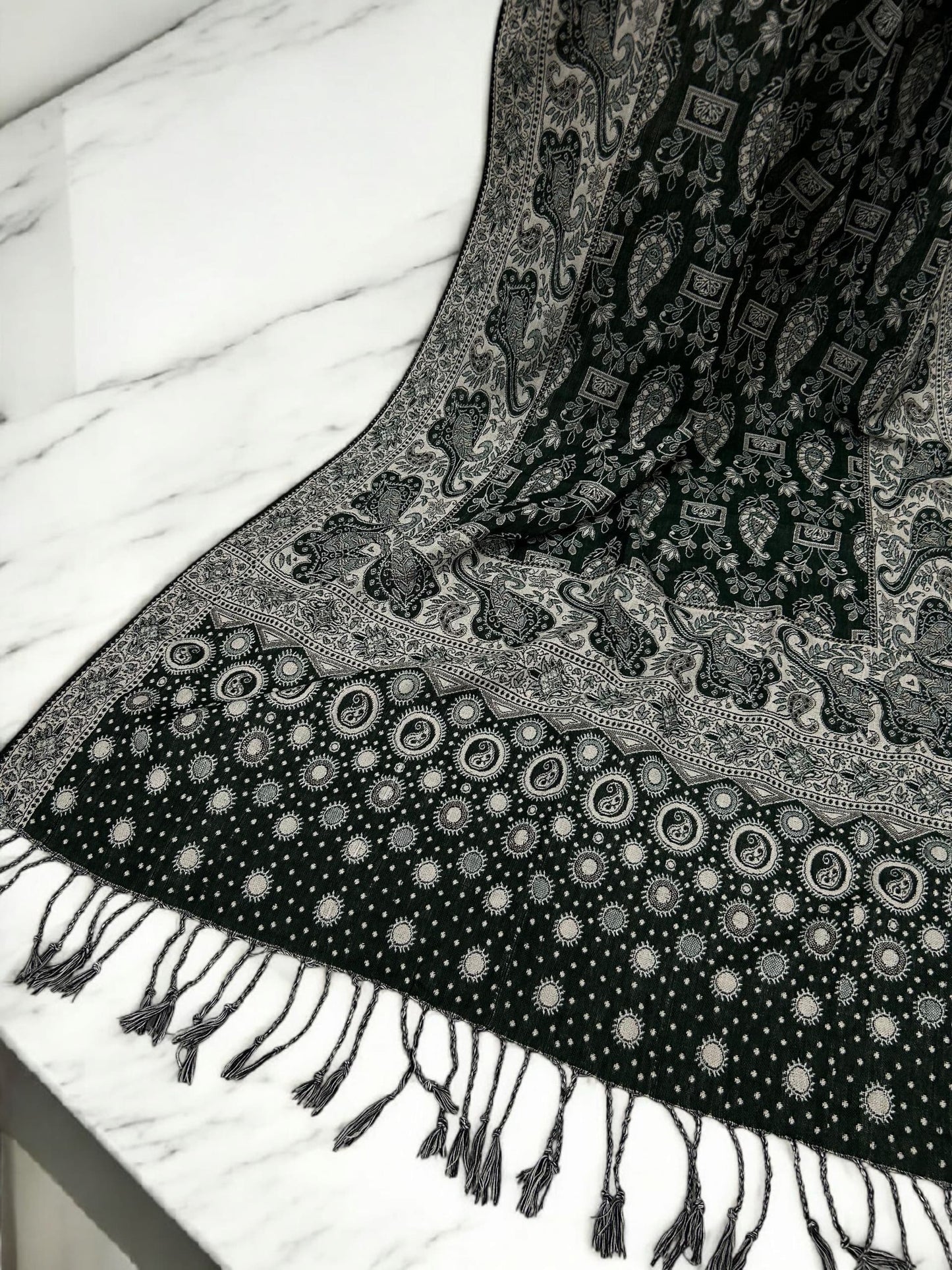 Flag Green White Silver Dotted Two-tone Paisley Pashmina Hijab