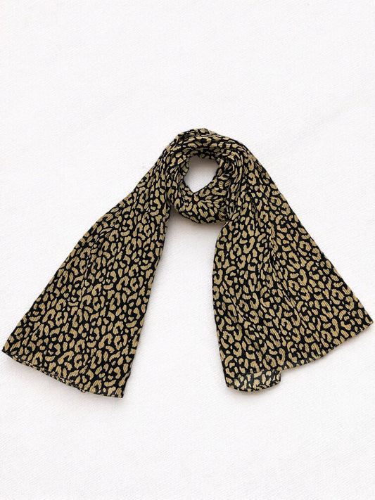 Sand Brown Black Cheetah Printed Pleated Modal Hijab