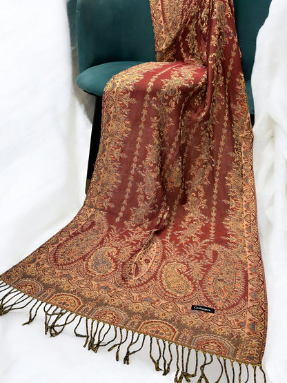 Maroon Fawn Peach Persian Linear Paisley Two-Tone Pashmina Hijab