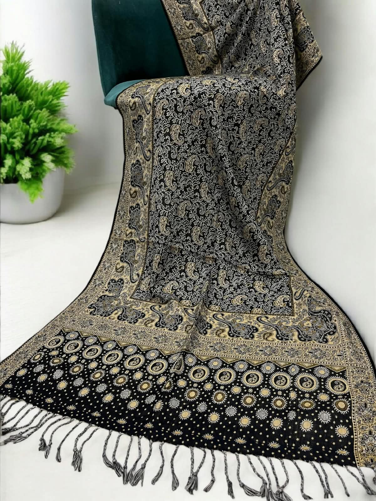 Black Yellow Silver Dotted Dual Tone Pashmina Hijab