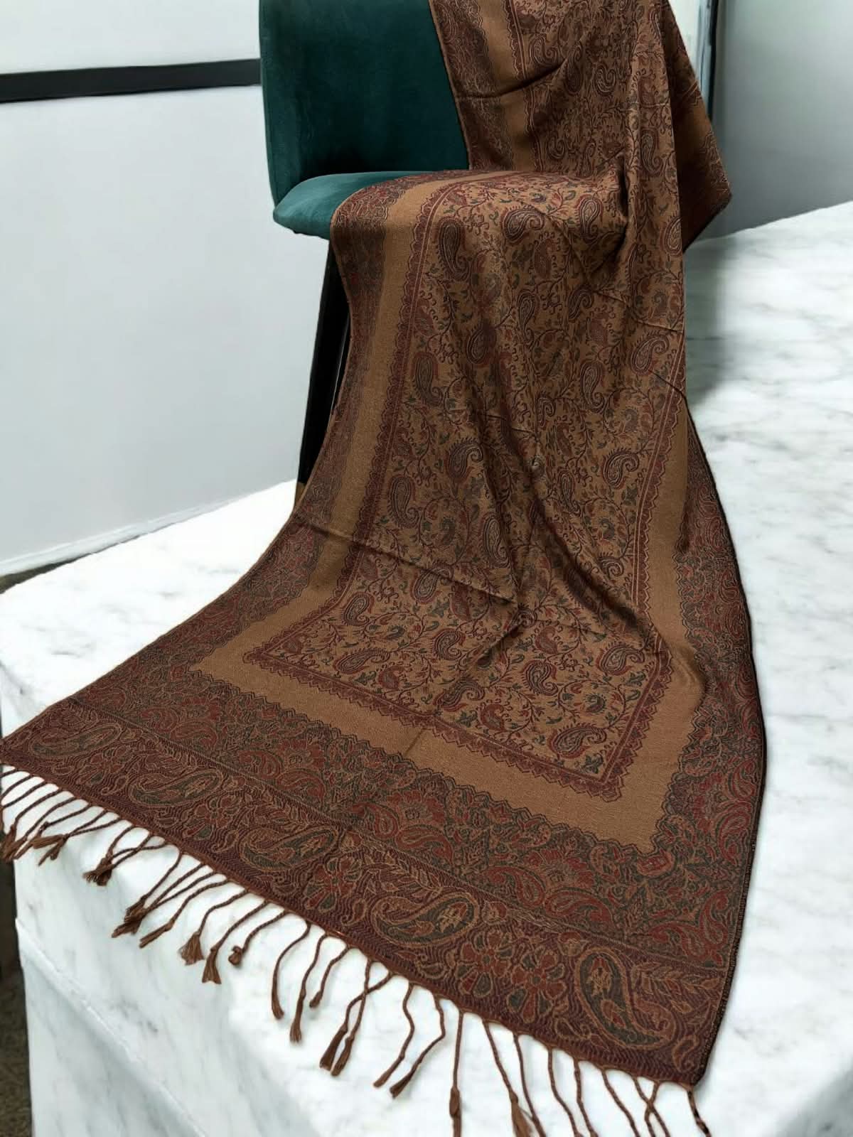 Coffee Maroon Mint Little Paisleys Two-Tone Pashmina Hijab