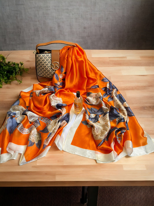 Large Satin Silk Hijab - Orange Floral